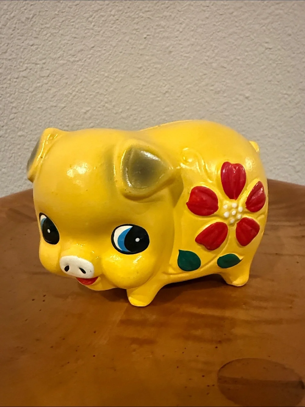 Vintage Kitschy Yellow Chalkware Piggy Bank with Red Flower
